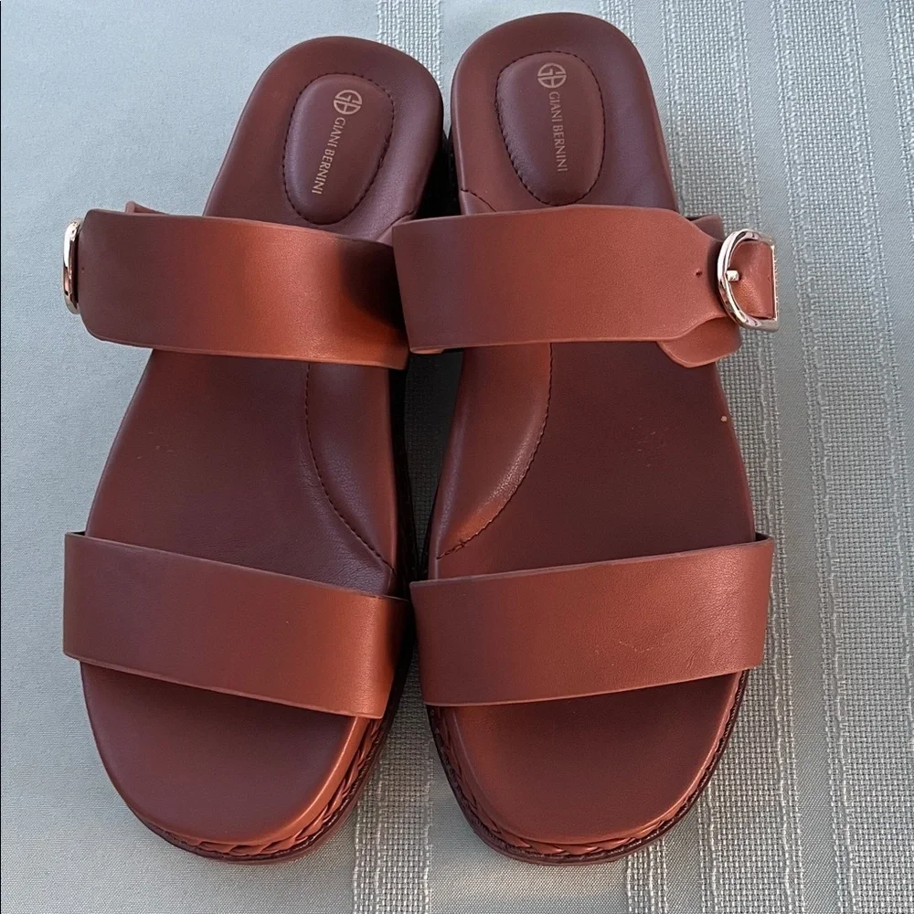Giani Bernini Cognac Brown Double-Strap Slide Sandals with Gold Buckle Size 9